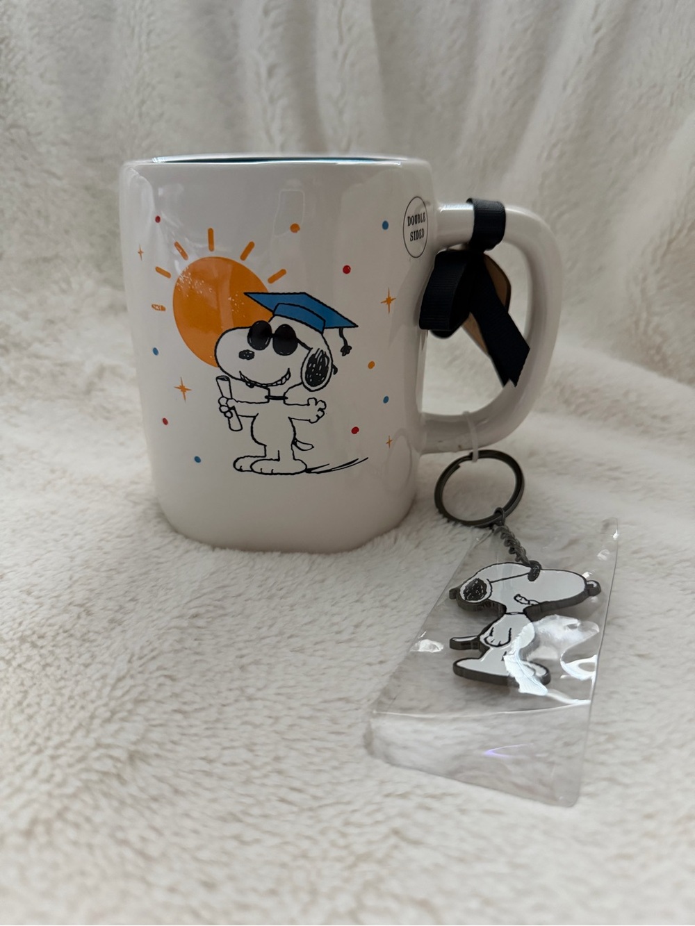 Rae Dunn White Graduation Snoopy Mug with Blue Cap and Orange Sun